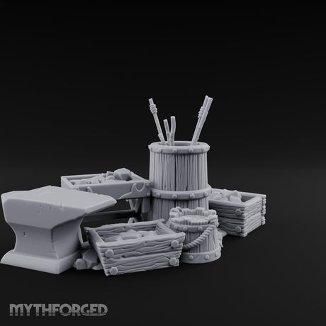 Hammer-Propped Tool-Barreled Blacksmith Forge Clutter Set Miniature for Dungeons and Dragons, Pathfinder or other TTRPGs