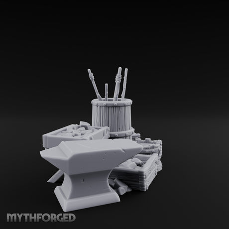 Hammer-Propped Tool-Barreled Blacksmith Forge Clutter Set Miniature for Dungeons and Dragons, Pathfinder or other TTRPGs