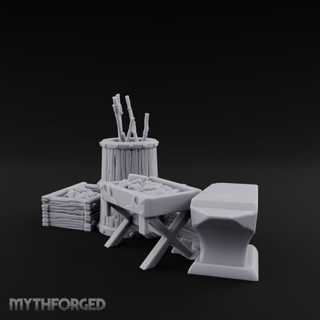 Hammer-Propped Tool-Barreled Blacksmith Forge Clutter Set Miniature for Dungeons and Dragons, Pathfinder or other TTRPGs