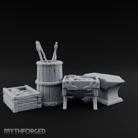 Hammer-Propped Tool-Barreled Blacksmith Forge Clutter Set Miniature for Dungeons and Dragons, Pathfinder or other TTRPGs