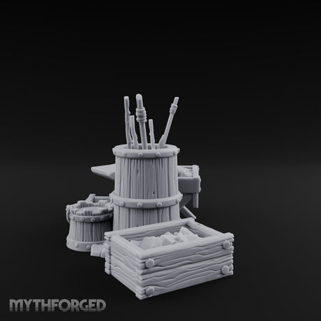 Hammer-Propped Tool-Barreled Blacksmith Forge Clutter Set Miniature for Dungeons and Dragons, Pathfinder or other TTRPGs