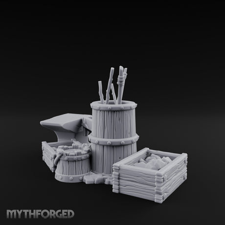 Hammer-Propped Tool-Barreled Blacksmith Forge Clutter Set Miniature for Dungeons and Dragons, Pathfinder or other TTRPGs