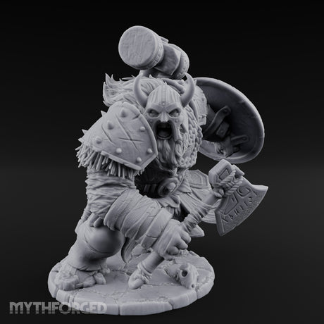 Hammer Raised Axe Lunging Dwarf Berserker Miniature for Dungeons and Dragons, Pathfinder or other TTRPGs