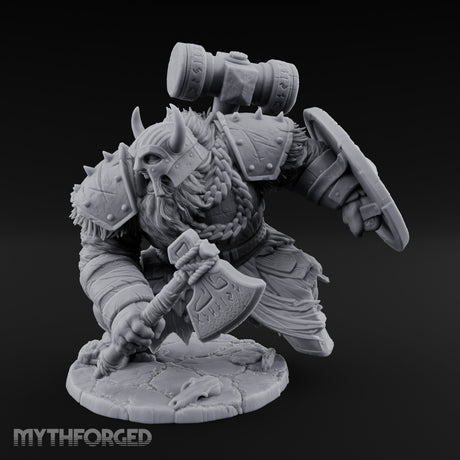 Hammer Raised Axe Lunging Dwarf Berserker Miniature for Dungeons and Dragons, Pathfinder or other TTRPGs