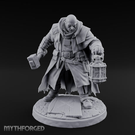 Hammer Swinging Lantern Clutching Human Plague Hunter Miniature for Dungeons and Dragons, Pathfinder or other TTRPGs