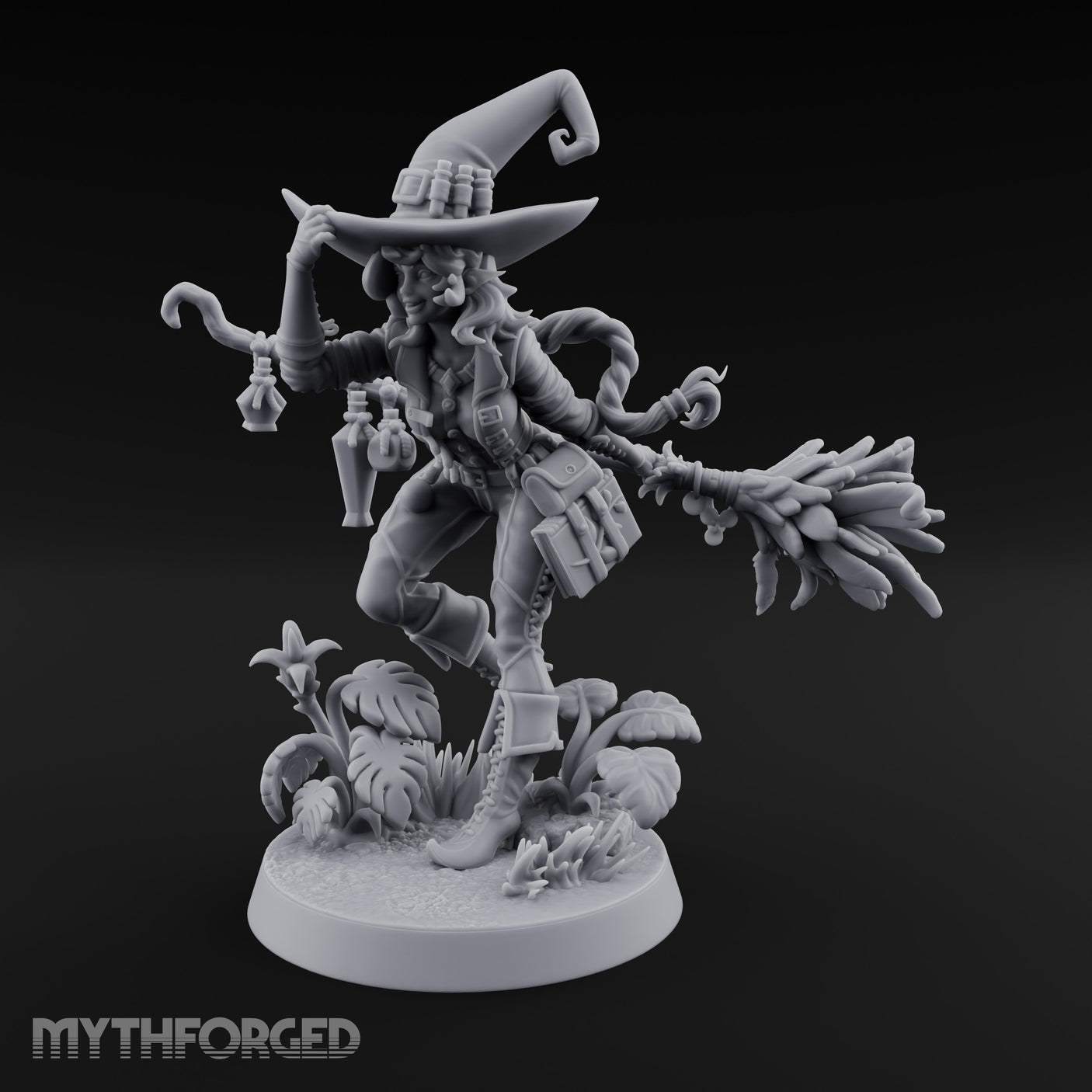 Hat Tipping Broom Riding Human Witch Miniature for Dungeons and Dragons, Pathfinder or other TTRPGs
