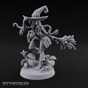 Hat Tipping Broom Riding Human Witch Miniature for Dungeons and Dragons, Pathfinder or other TTRPGs