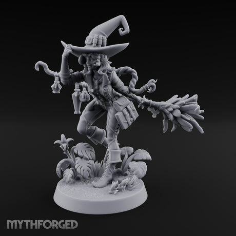 Hat Tipping Broom Riding Human Witch Miniature for Dungeons and Dragons, Pathfinder or other TTRPGs
