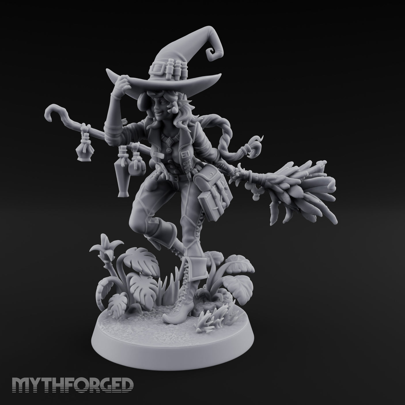 Hat Tipping Broom Riding Human Witch Miniature for Dungeons and Dragons, Pathfinder or other TTRPGs
