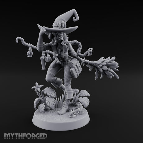 Hat Tipping Broom Riding Human Witch Miniature for Dungeons and Dragons, Pathfinder or other TTRPGs