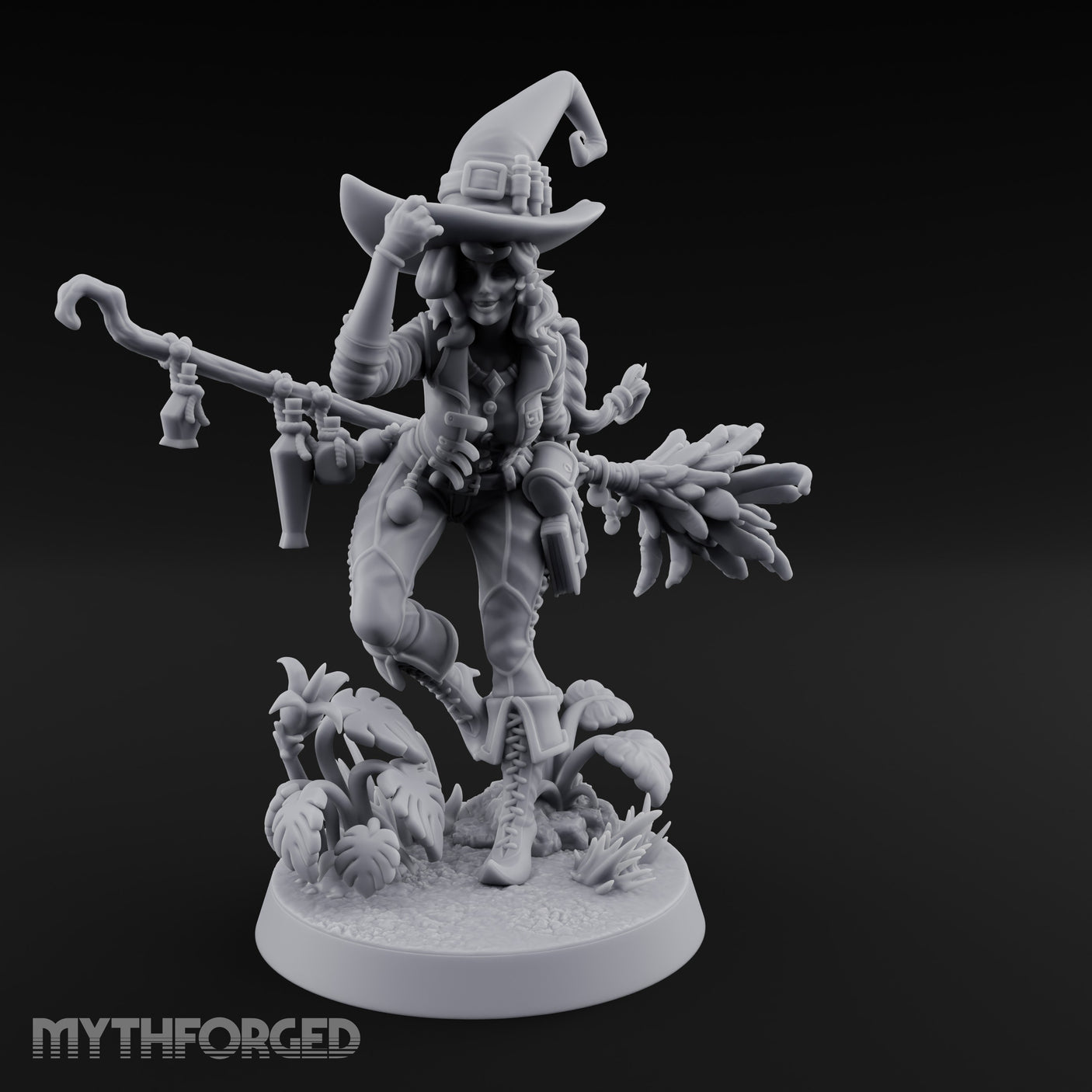 Hat Tipping Broom Riding Human Witch Miniature for Dungeons and Dragons, Pathfinder or other TTRPGs