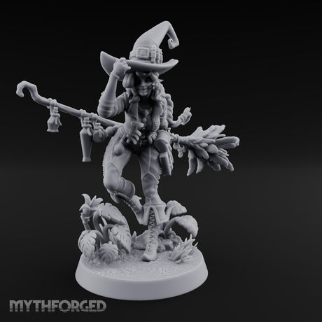 Hat Tipping Broom Riding Human Witch Miniature for Dungeons and Dragons, Pathfinder or other TTRPGs