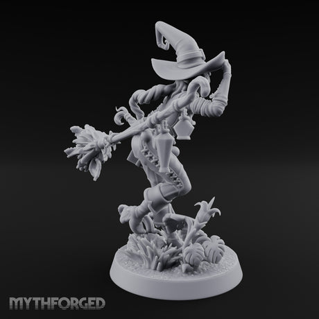 Hat Tipping Broom Riding Human Witch Miniature for Dungeons and Dragons, Pathfinder or other TTRPGs