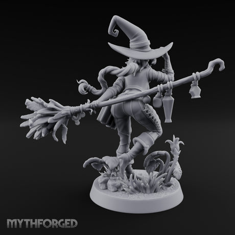 Hat Tipping Broom Riding Human Witch Miniature for Dungeons and Dragons, Pathfinder or other TTRPGs
