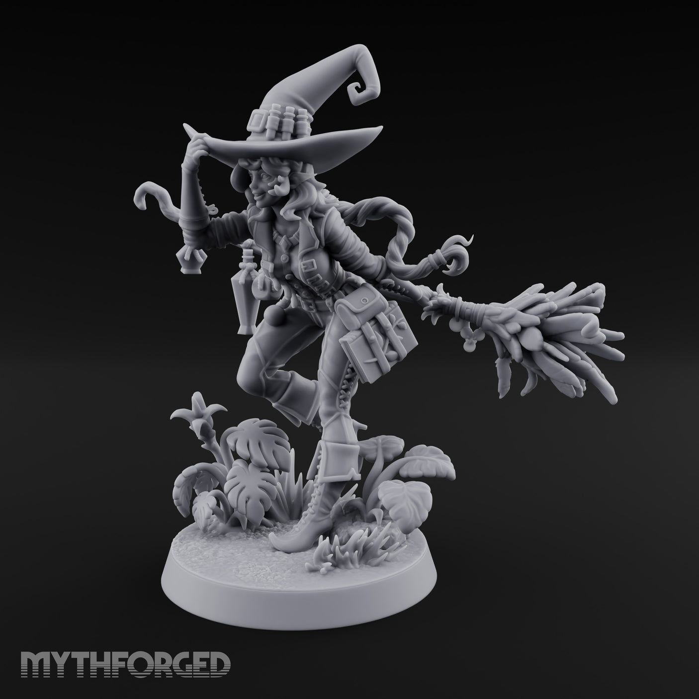 Hat Tipping Broom Riding Human Witch Miniature for Dungeons and Dragons, Pathfinder or other TTRPGs