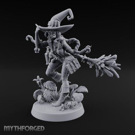 Hat Tipping Broom Riding Human Witch Miniature for Dungeons and Dragons, Pathfinder or other TTRPGs