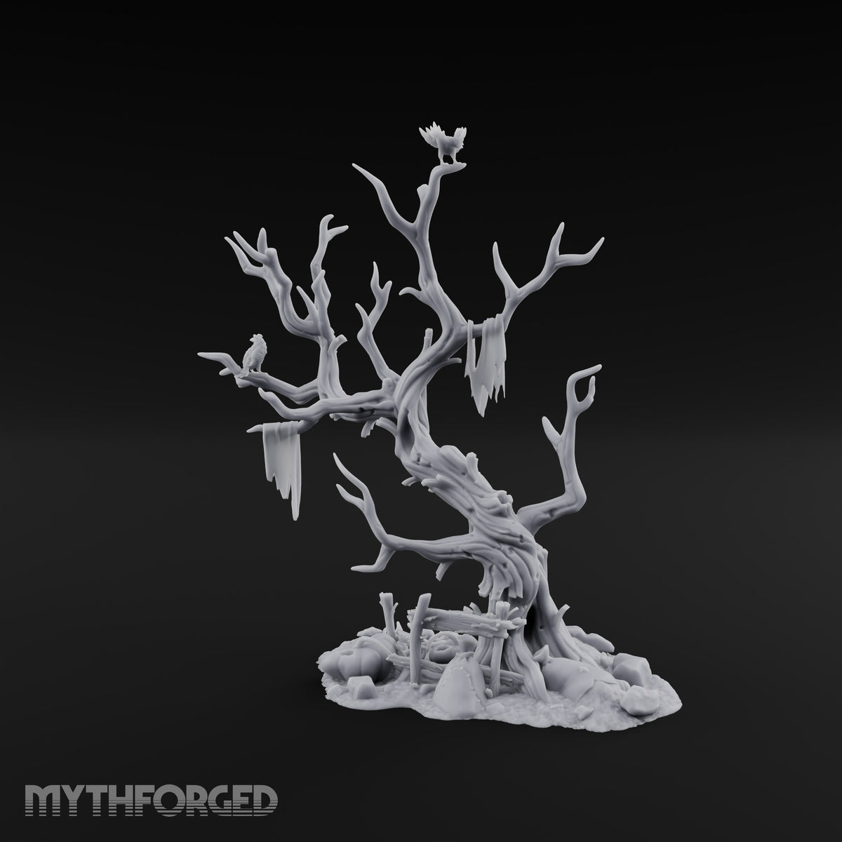 Wouldn't Climb It Twice Haunted Dead Tree with Crows, Broken Ladder and Skull Debris Base