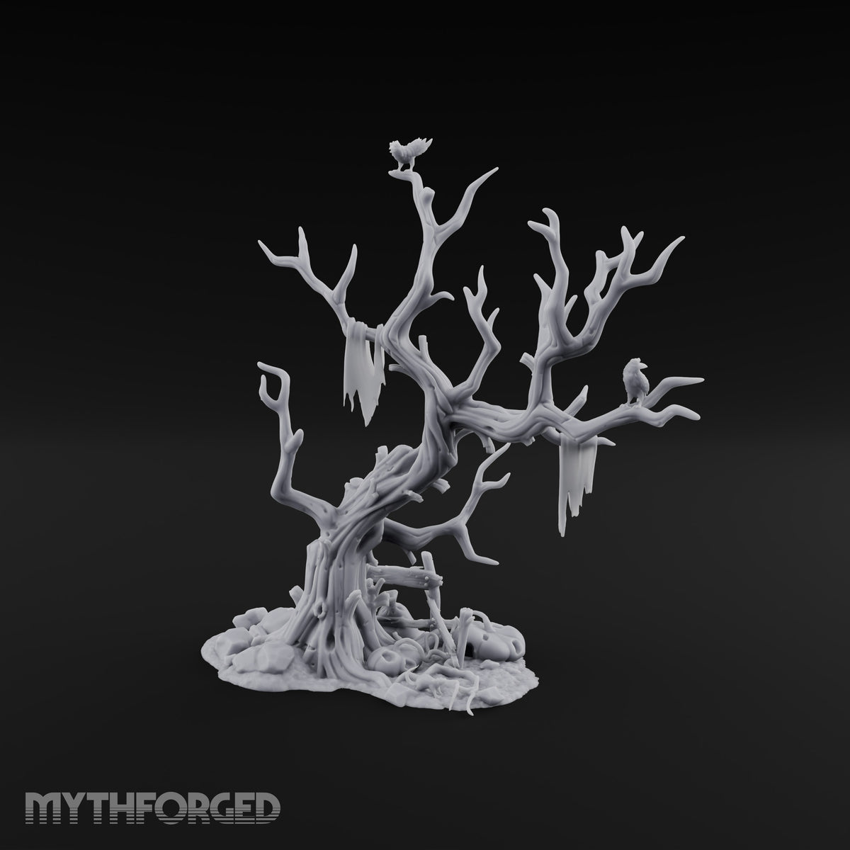 Wouldn't Climb It Twice Haunted Dead Tree with Crows, Broken Ladder and Skull Debris Base