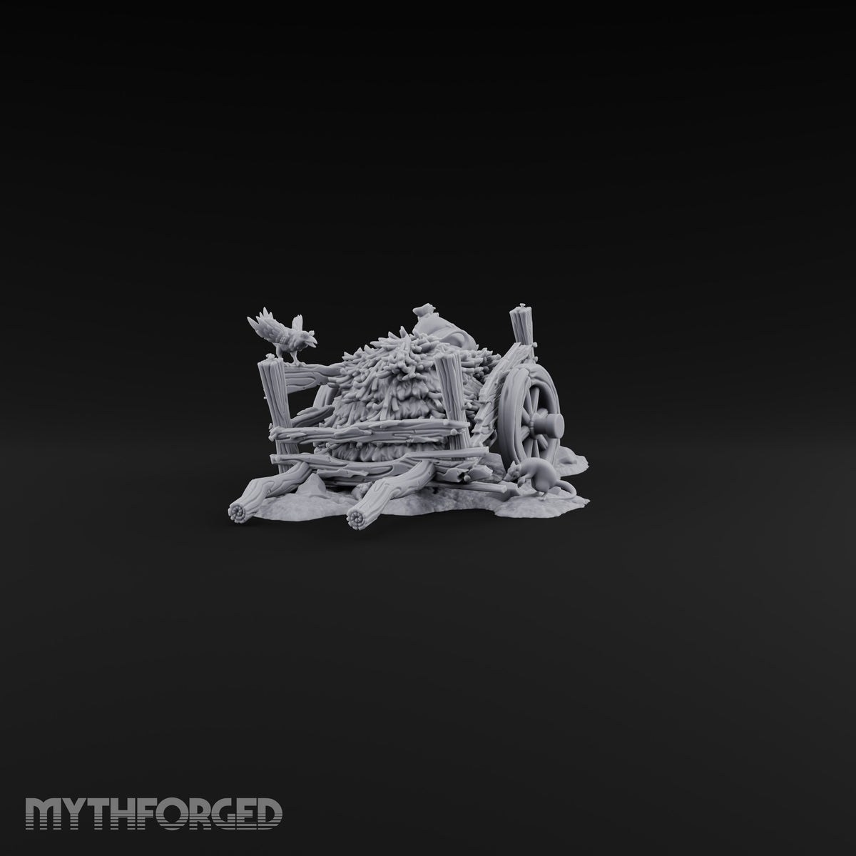 Axle Gave Out Mid-Harvest Broken Hay Cart with Crow and Rat on Rubble Base