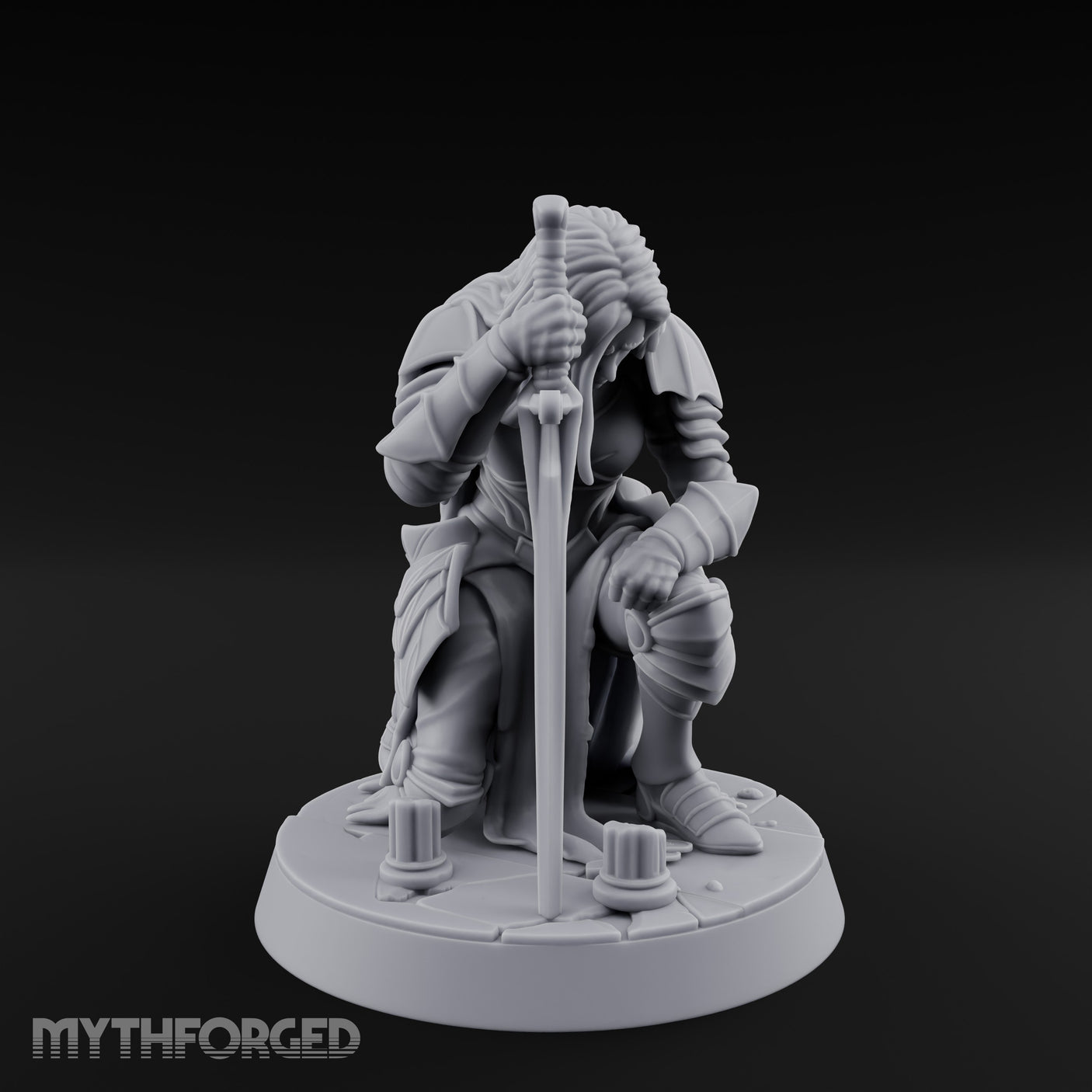 Head Bowed Sword Planted Drow Knight Miniature for Dungeons and Dragons, Pathfinder or other TTRPGs