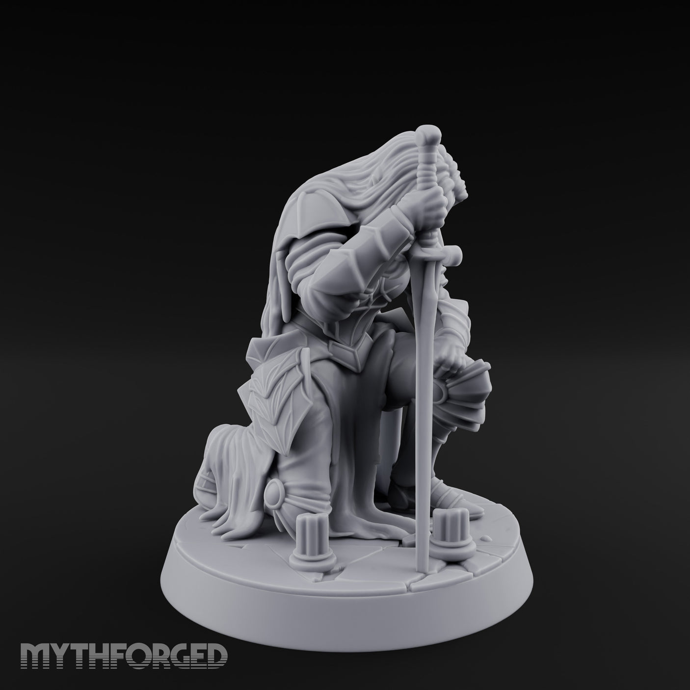 Head Bowed Sword Planted Drow Knight Miniature for Dungeons and Dragons, Pathfinder or other TTRPGs