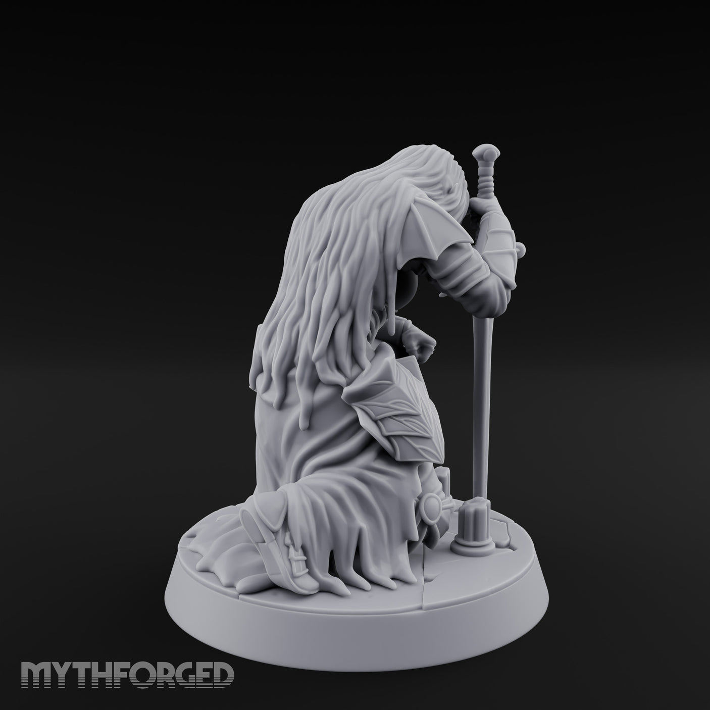 Head Bowed Sword Planted Drow Knight Miniature for Dungeons and Dragons, Pathfinder or other TTRPGs