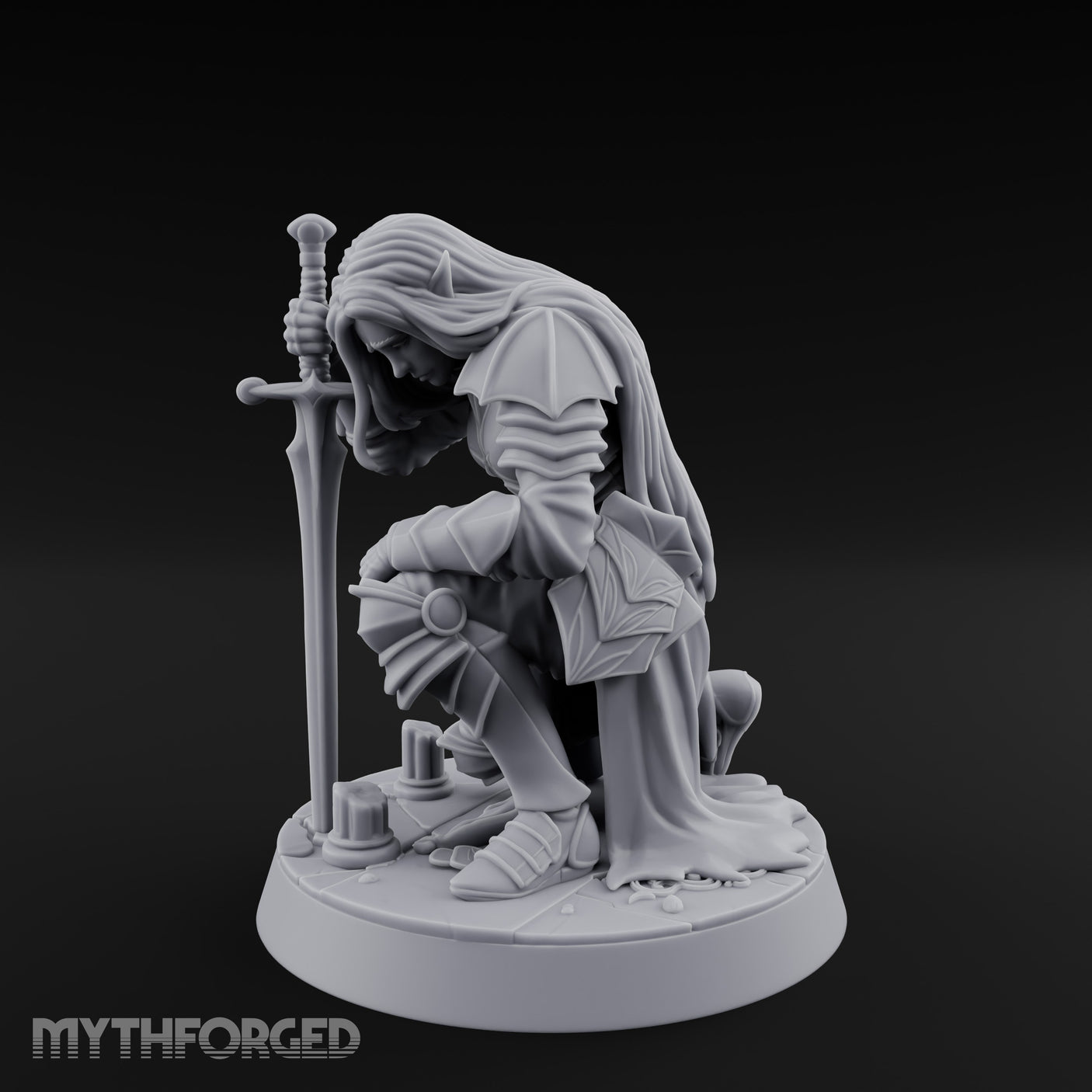 Head Bowed Sword Planted Drow Knight Miniature for Dungeons and Dragons, Pathfinder or other TTRPGs