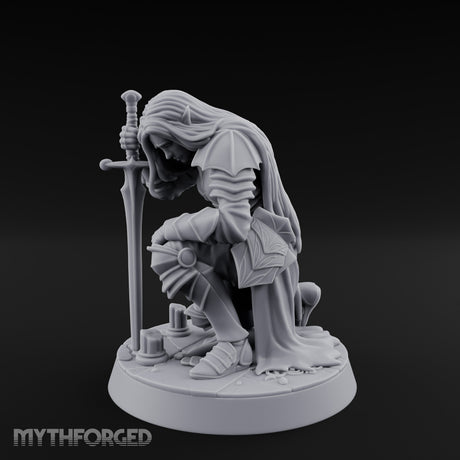 Head Bowed Sword Planted Drow Knight Miniature for Dungeons and Dragons, Pathfinder or other TTRPGs