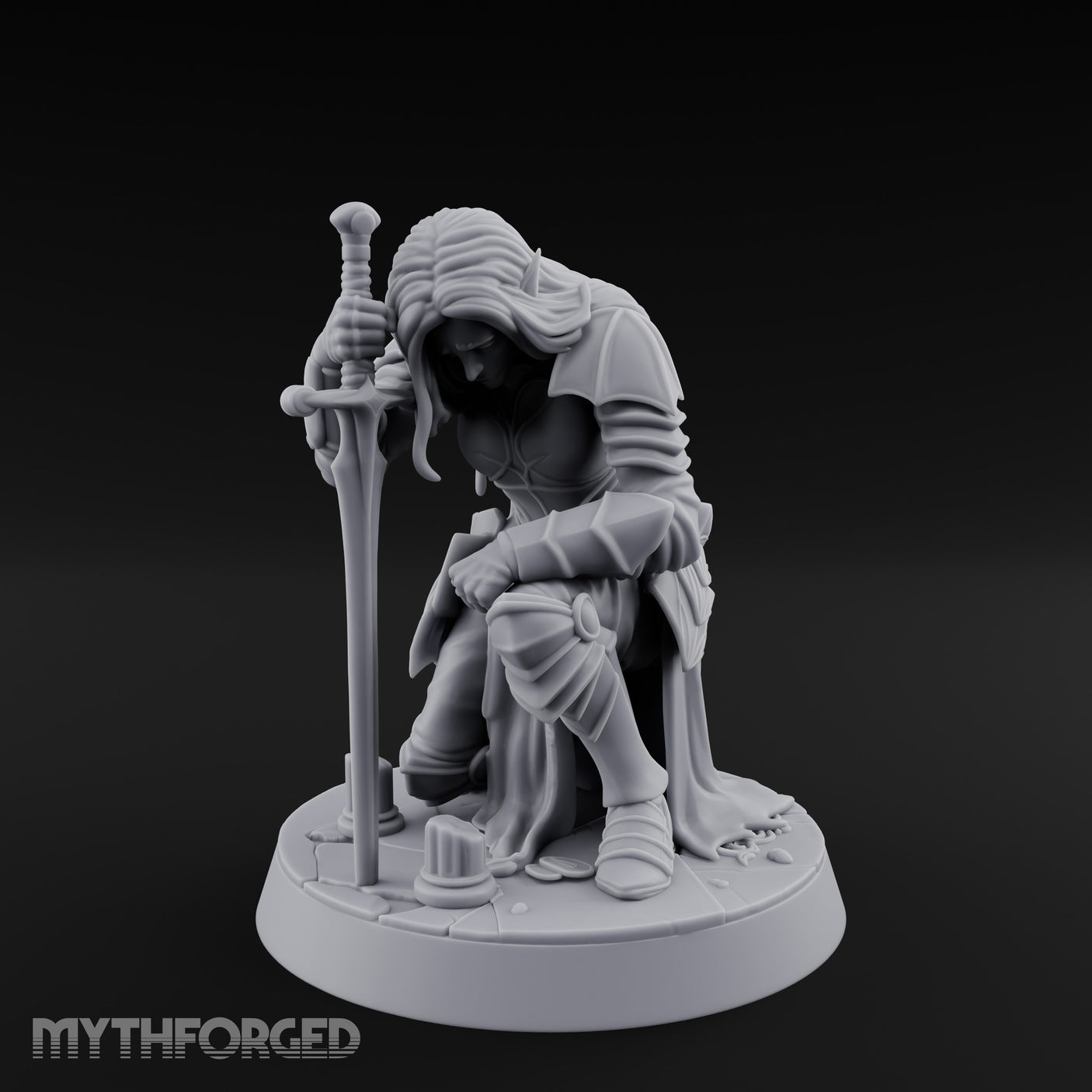 Head Bowed Sword Planted Drow Knight Miniature for Dungeons and Dragons, Pathfinder or other TTRPGs