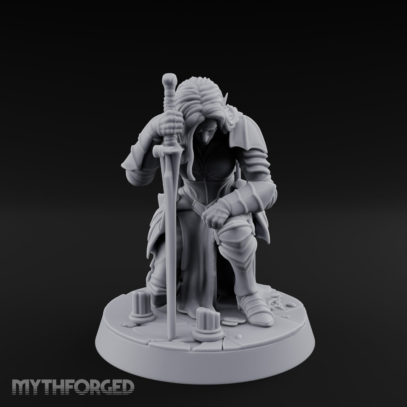 Head Bowed Sword Planted Drow Knight Miniature for Dungeons and Dragons, Pathfinder or other TTRPGs