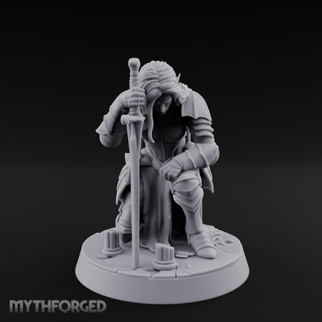 Head Bowed Sword Planted Drow Knight Miniature for Dungeons and Dragons, Pathfinder or other TTRPGs
