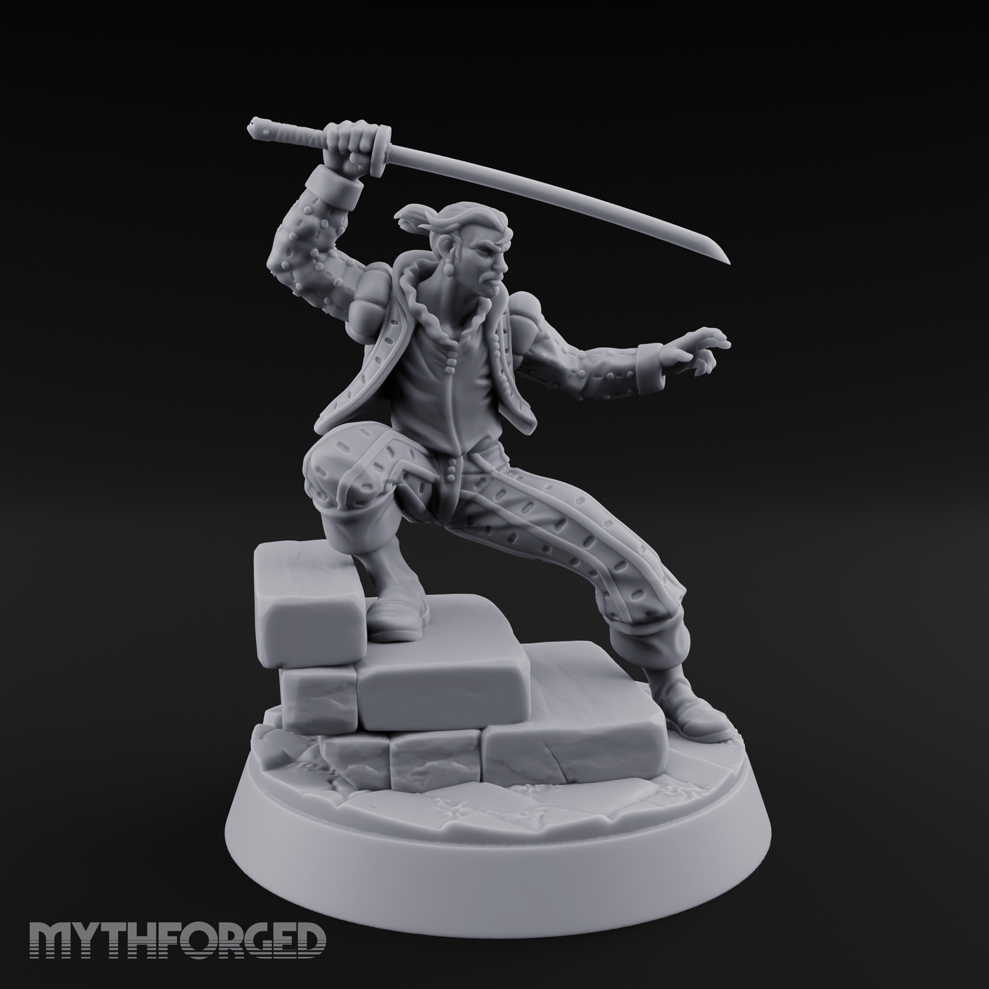 Balanced On Stone Human Swordmaster Miniature for Dungeons and Dragons, Pathfinder or other TTRPGs