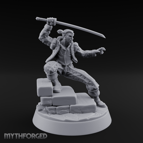 Balanced On Stone Human Swordmaster Miniature for Dungeons and Dragons, Pathfinder or other TTRPGs