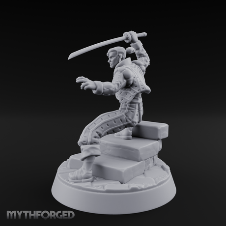 Balanced On Stone Human Swordmaster Miniature for Dungeons and Dragons, Pathfinder or other TTRPGs