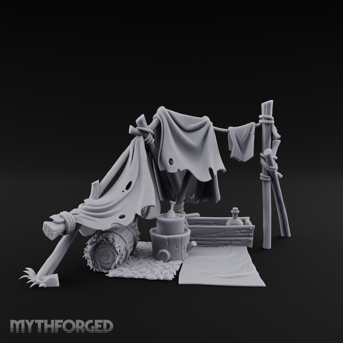 Hole-Riddled Rope-Lashed Wilderness Bivouac Camp Miniature for Dungeons and Dragons, Pathfinder or other TTRPGs