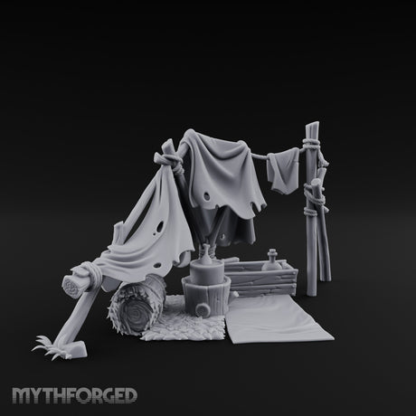 Hole-Riddled Rope-Lashed Wilderness Bivouac Camp Miniature for Dungeons and Dragons, Pathfinder or other TTRPGs