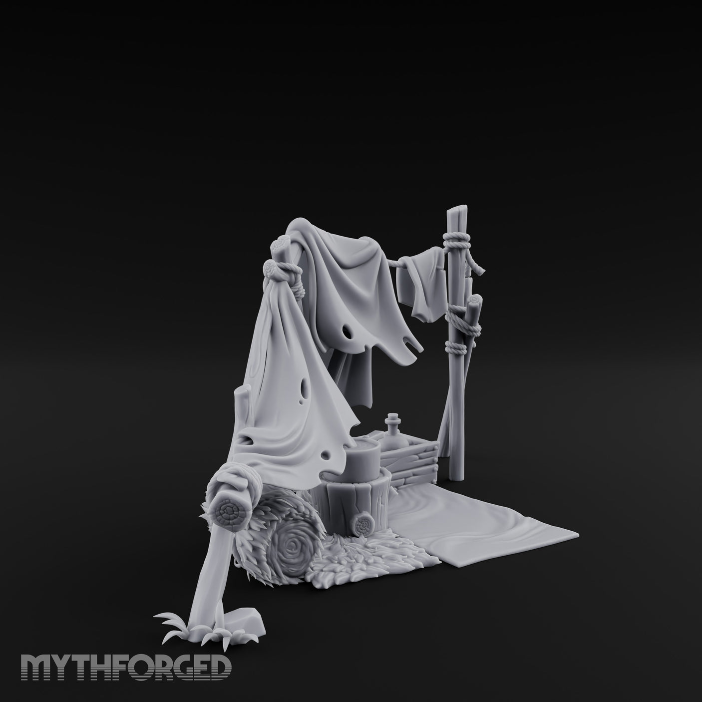 Hole-Riddled Rope-Lashed Wilderness Bivouac Camp Miniature for Dungeons and Dragons, Pathfinder or other TTRPGs