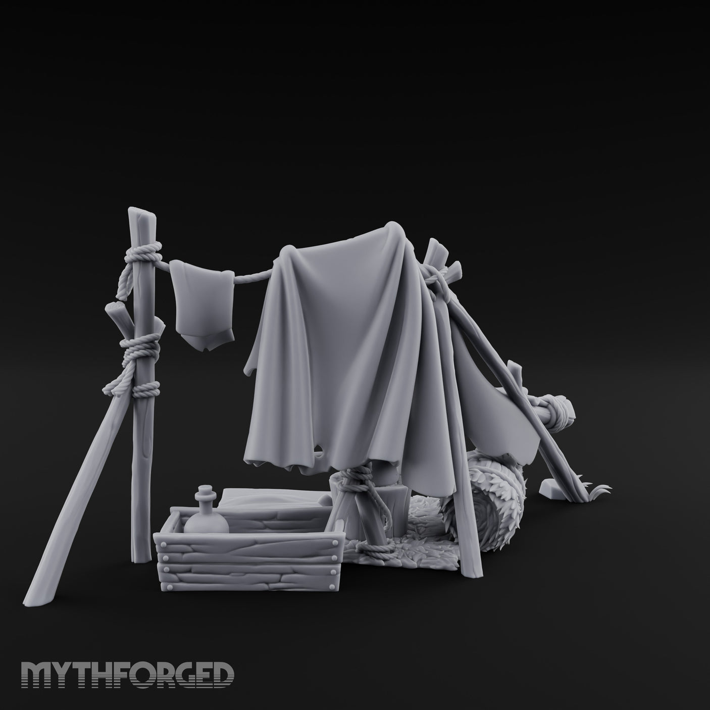 Hole-Riddled Rope-Lashed Wilderness Bivouac Camp Miniature for Dungeons and Dragons, Pathfinder or other TTRPGs