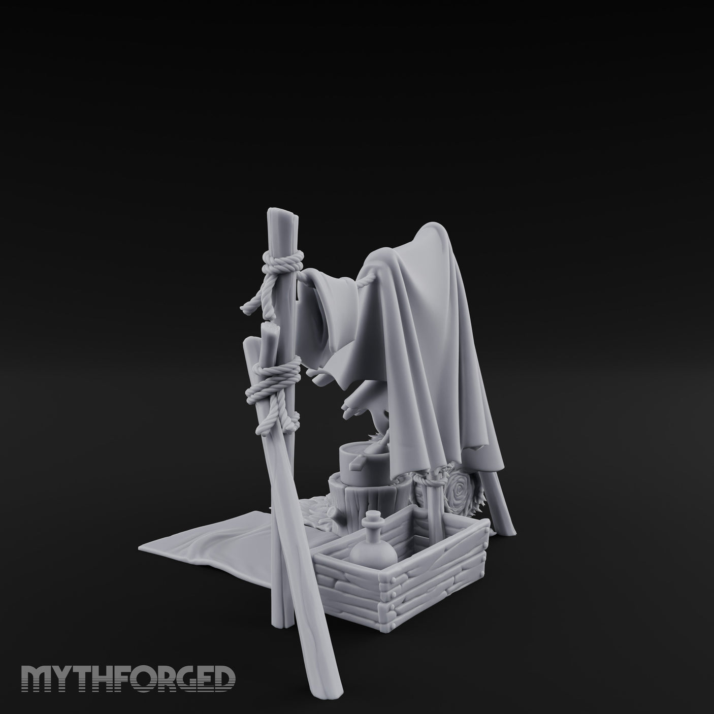 Hole-Riddled Rope-Lashed Wilderness Bivouac Camp Miniature for Dungeons and Dragons, Pathfinder or other TTRPGs