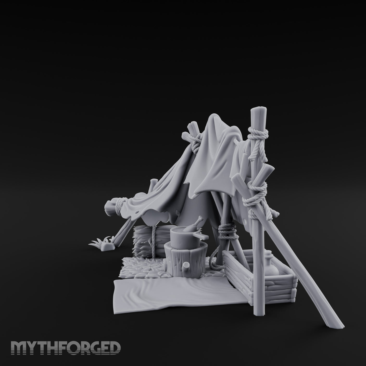 Hole-Riddled Rope-Lashed Wilderness Bivouac Camp Miniature for Dungeons and Dragons, Pathfinder or other TTRPGs