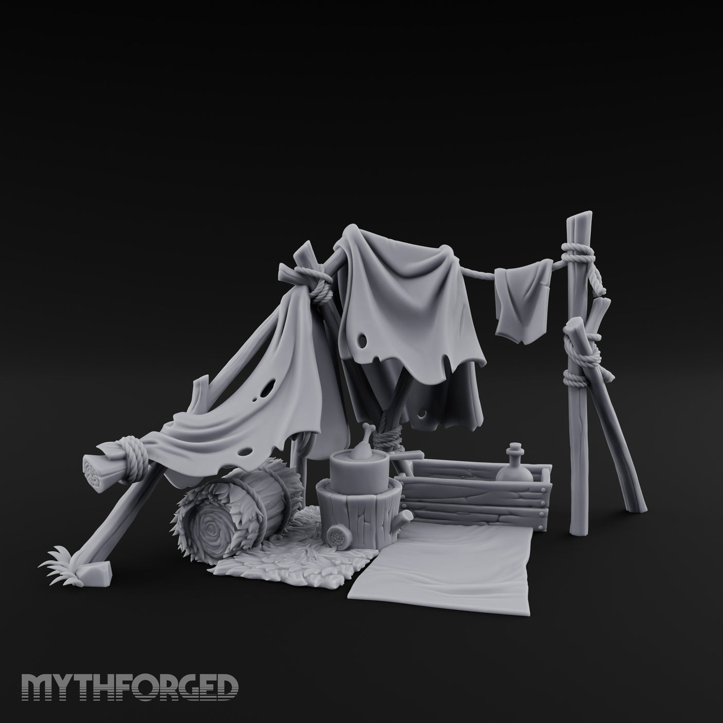 Hole-Riddled Rope-Lashed Wilderness Bivouac Camp Miniature for Dungeons and Dragons, Pathfinder or other TTRPGs
