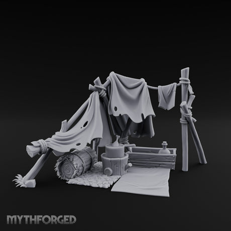 Hole-Riddled Rope-Lashed Wilderness Bivouac Camp Miniature for Dungeons and Dragons, Pathfinder or other TTRPGs