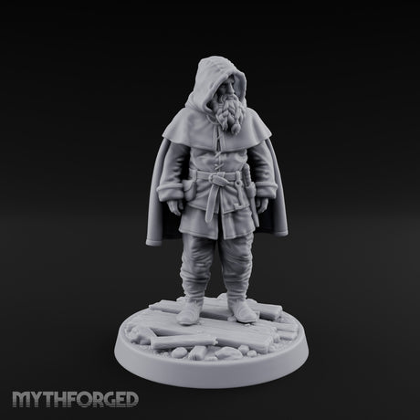Hood-Pulled Braid-Bearded Village Elder Miniature for Dungeons and Dragons, Pathfinder or other TTRPGs