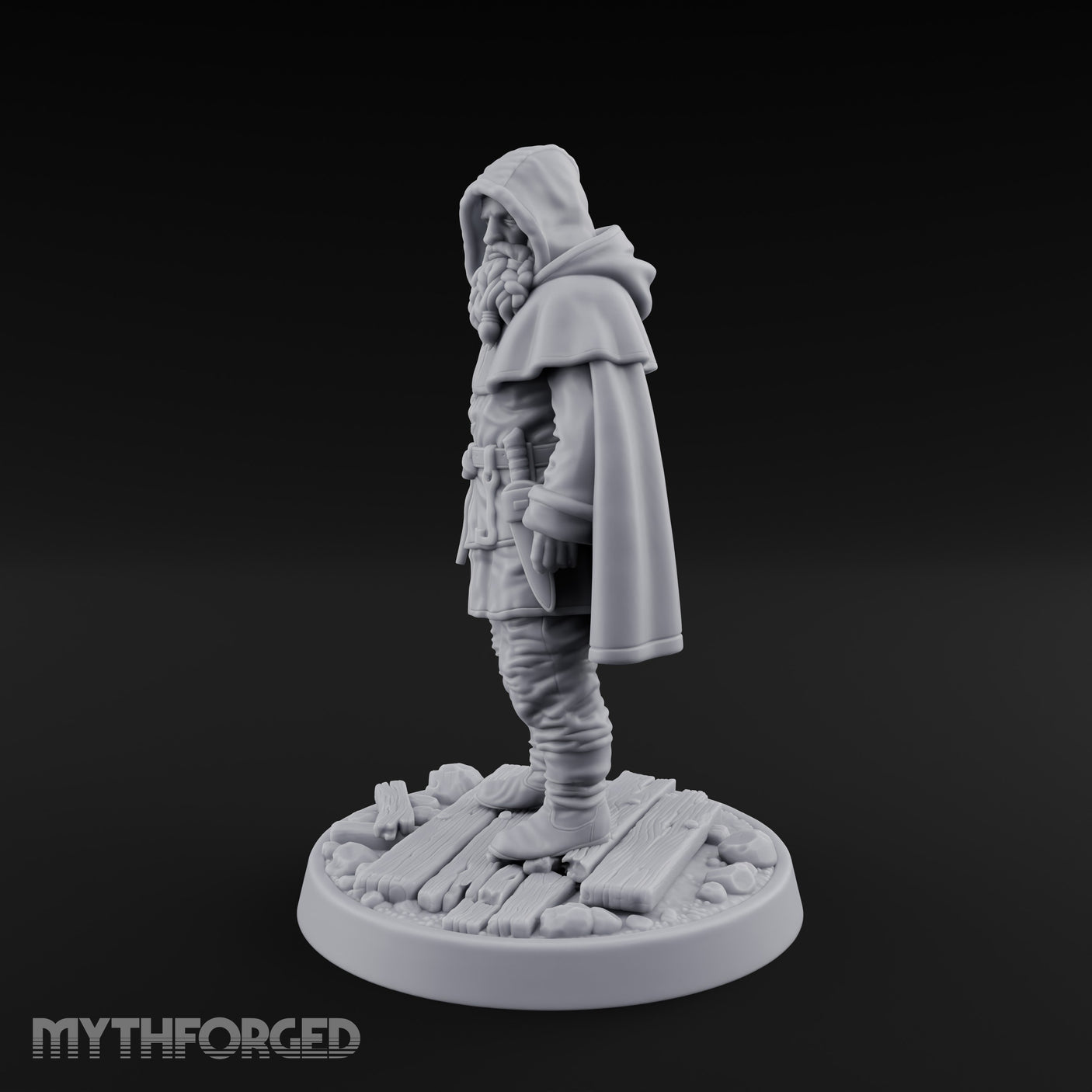 Hood-Pulled Braid-Bearded Village Elder Miniature for Dungeons and Dragons, Pathfinder or other TTRPGs