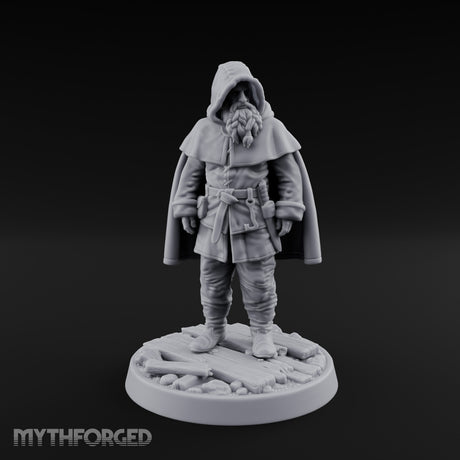 Hood-Pulled Braid-Bearded Village Elder Miniature for Dungeons and Dragons, Pathfinder or other TTRPGs