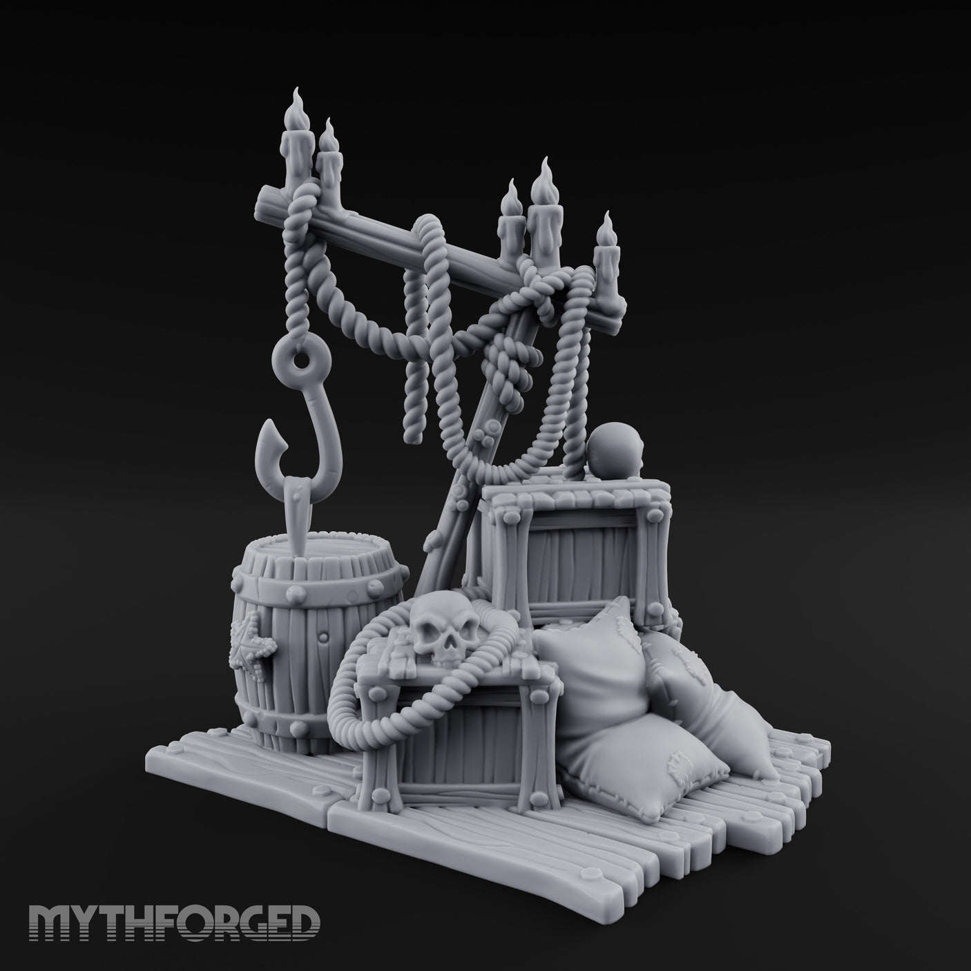 Hook-Hung Candle-Clustered Pirate Dock Clutter Scene Miniature for Dungeons and Dragons, Pathfinder or other TTRPGs