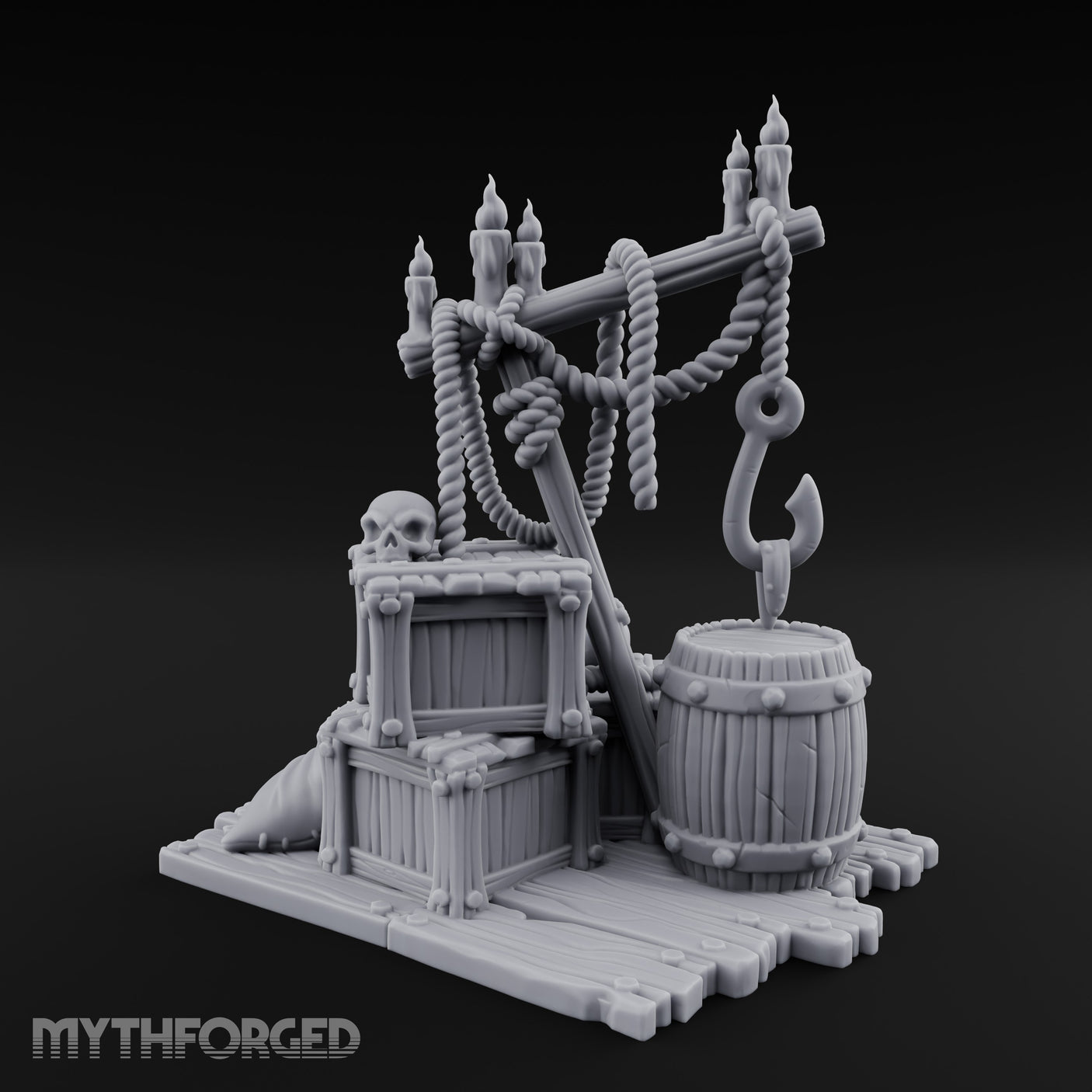 Hook-Hung Candle-Clustered Pirate Dock Clutter Scene Miniature for Dungeons and Dragons, Pathfinder or other TTRPGs