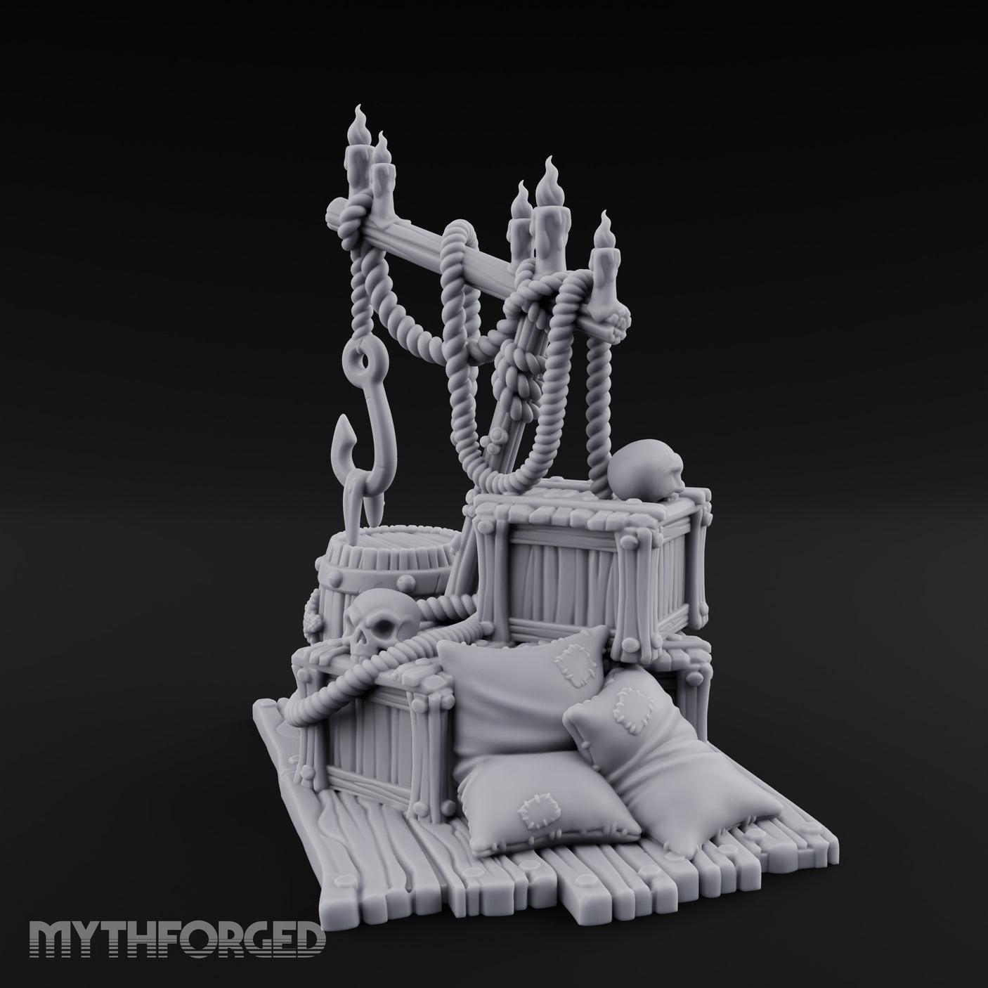 Hook-Hung Candle-Clustered Pirate Dock Clutter Scene Miniature for Dungeons and Dragons, Pathfinder or other TTRPGs