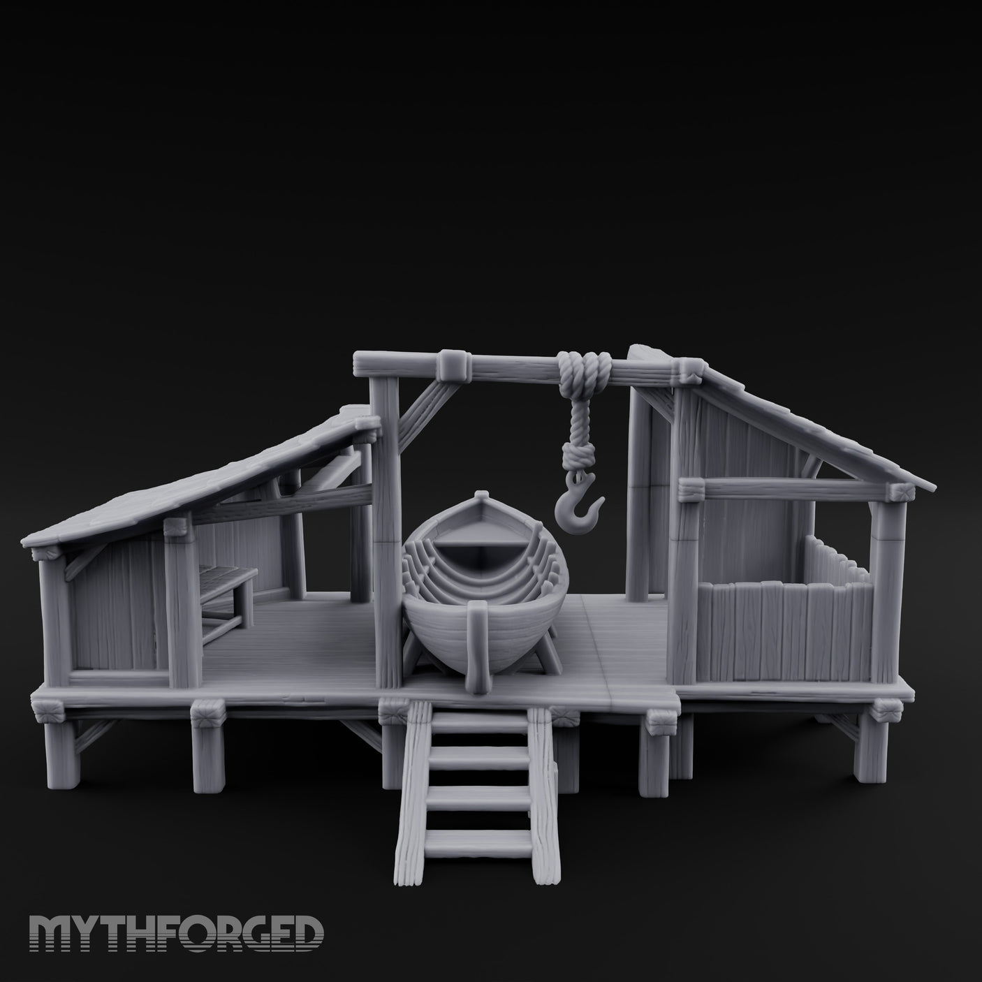 Hook-Hung Rowboat-Cradling Waterfront Boathouse Workshop Miniature for Dungeons and Dragons, Pathfinder or other TTRPGs