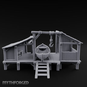 Hook-Hung Rowboat-Cradling Waterfront Boathouse Workshop Miniature for Dungeons and Dragons, Pathfinder or other TTRPGs